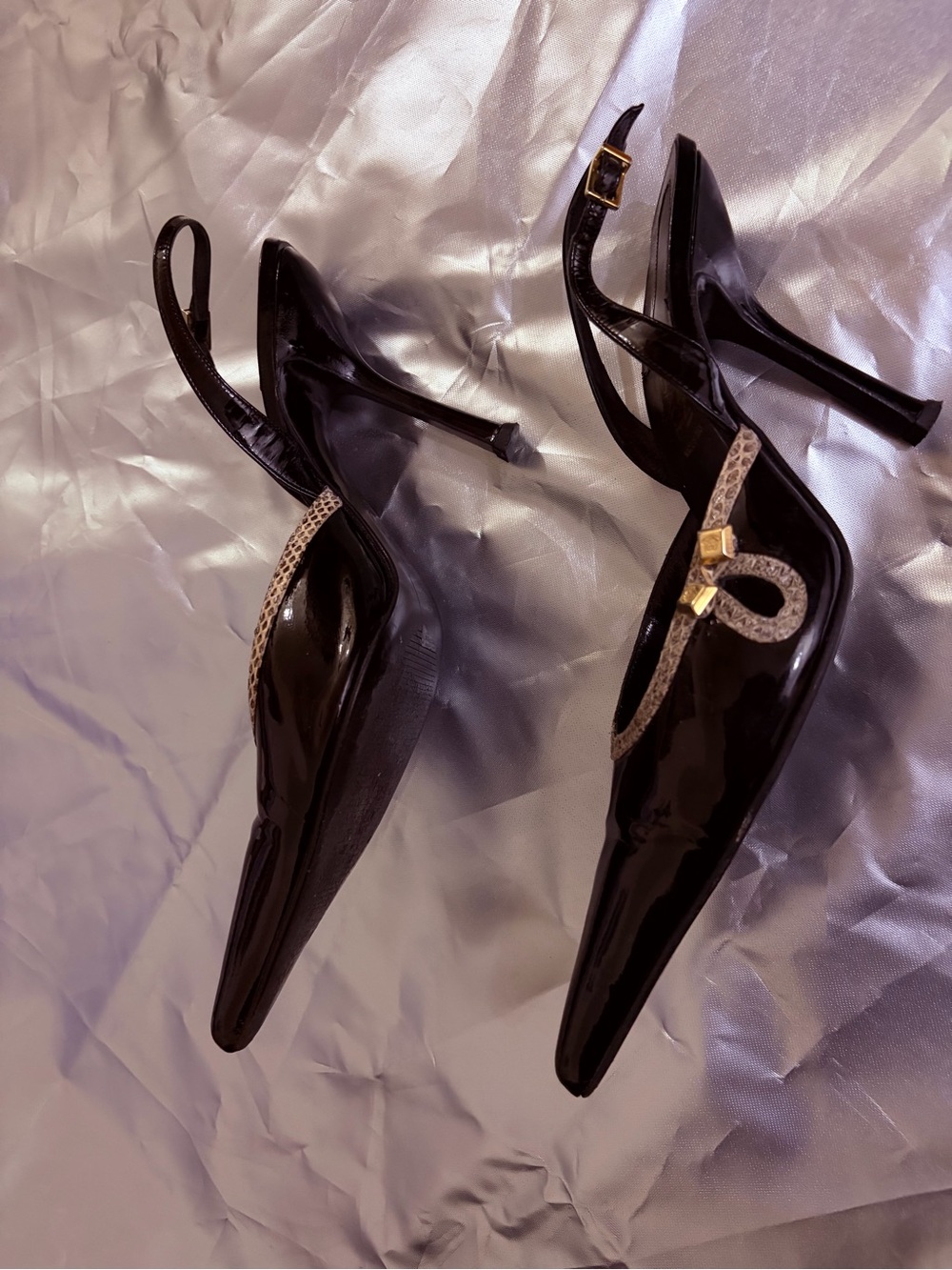 Versace Black Patent Pointed Slingback Pumps with Gold Accent - Picture 3 of 11
